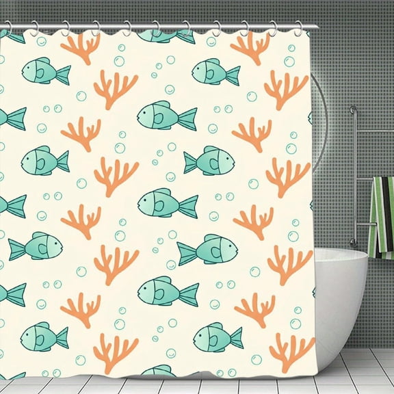 Simple Teal Fish Pattern Print Shower Curtain,Modern Fabric Waterproof Shower Curtain Set with Hooks 70.8×70.8Inch (180×180cm)