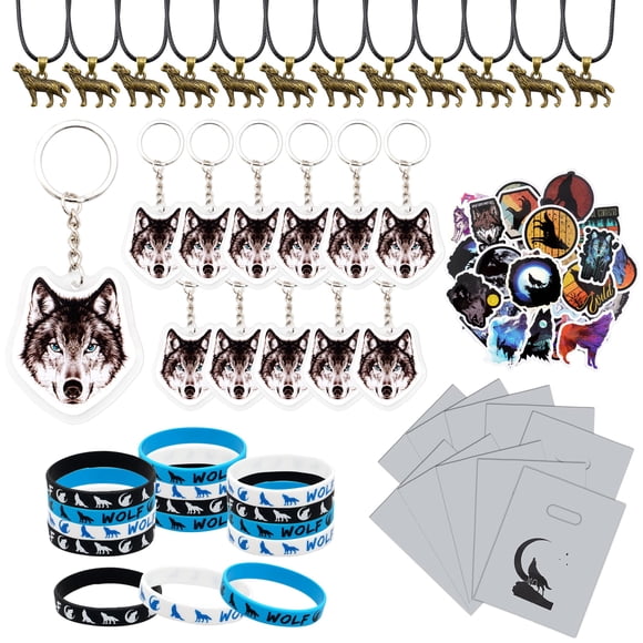 BANBALLON 98 piezas de regalos de fiesta de lobo, collar de lobo fresco, bolsas de regalos con llaveros de lobo, pegatinas, pulseras de goma y bolsas de lobo para fiesta de cumpleaños temática de lobo