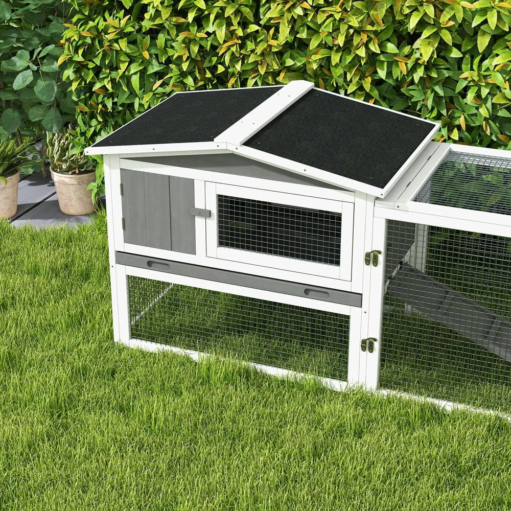 Spaco Rabbit Hutch 2-Story Bunny Cage, Small Animal House with Slide Out Tray, Guinea Pig Cage for Indoor Outdoor, 61.5" x 23" x 27", Light Gray