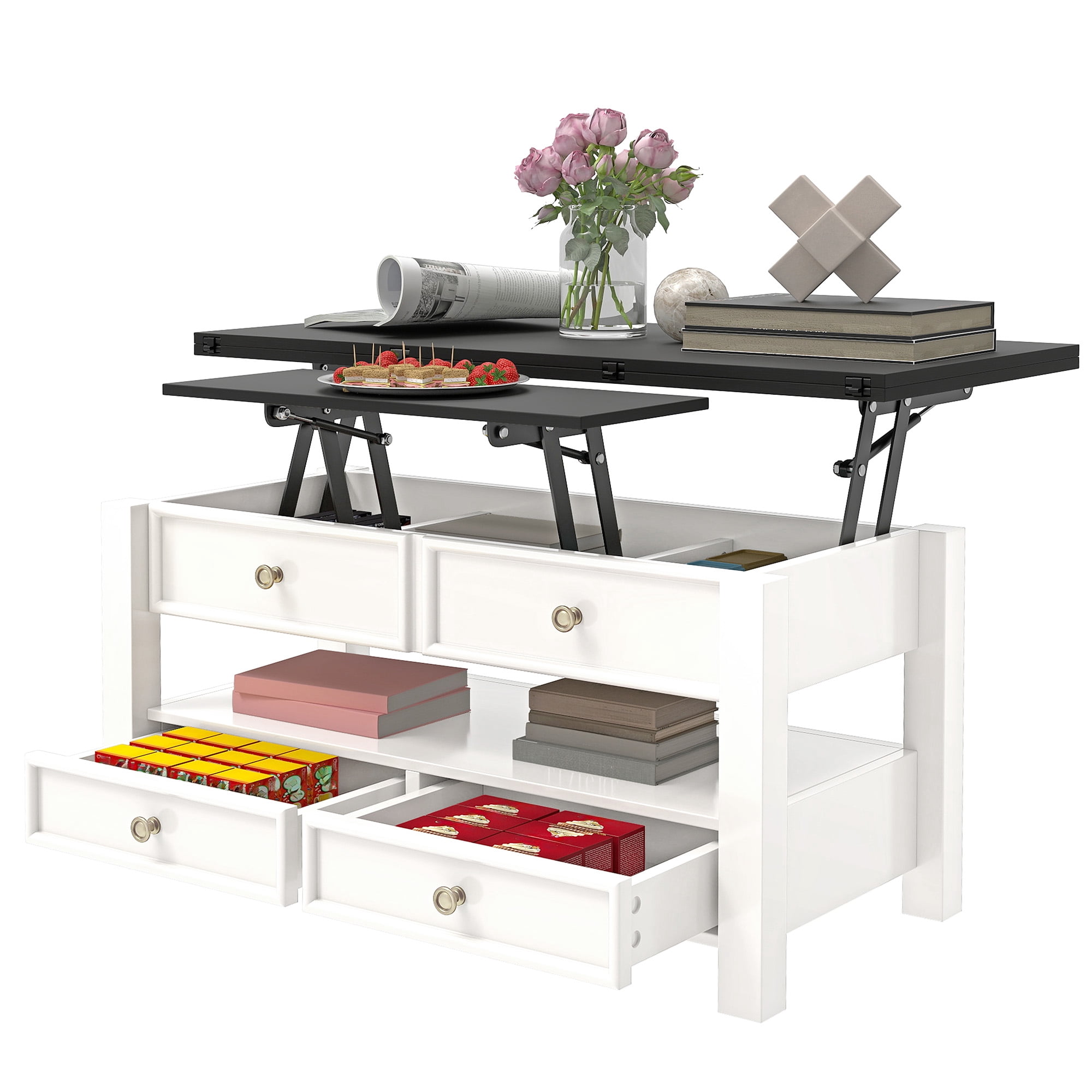 Uforic Tea Table with Lift-Top Design, Hidden Storage & Drawers for Living Room & Home Office, Beige & Black
