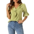 thumbnail image 1 of Blusa de chiffon semitransparente con volantes en el cuello en V y mangas de globo para mujer INSPIRE CHIC, color verde oliva, 1 of 6