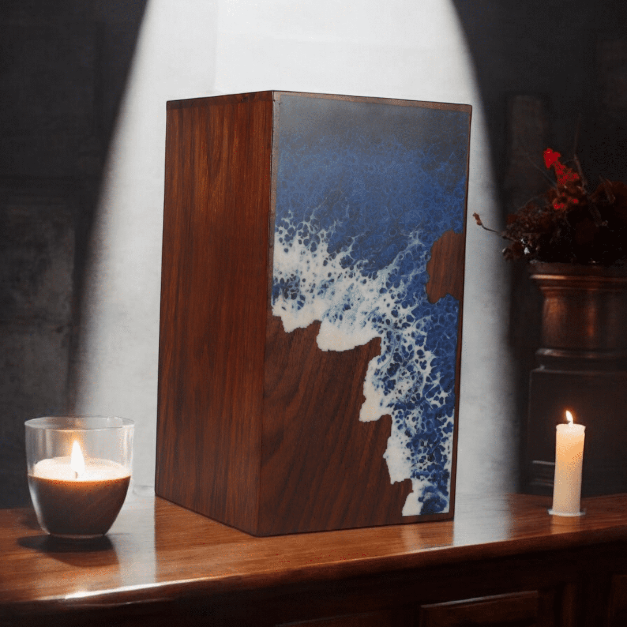 Wooden Cremation Urn for Human and Pet Ashes, Memorial Urn, Burial Urn, Keepsake Urn, Adult Urn with Epoxy Design (Medium)