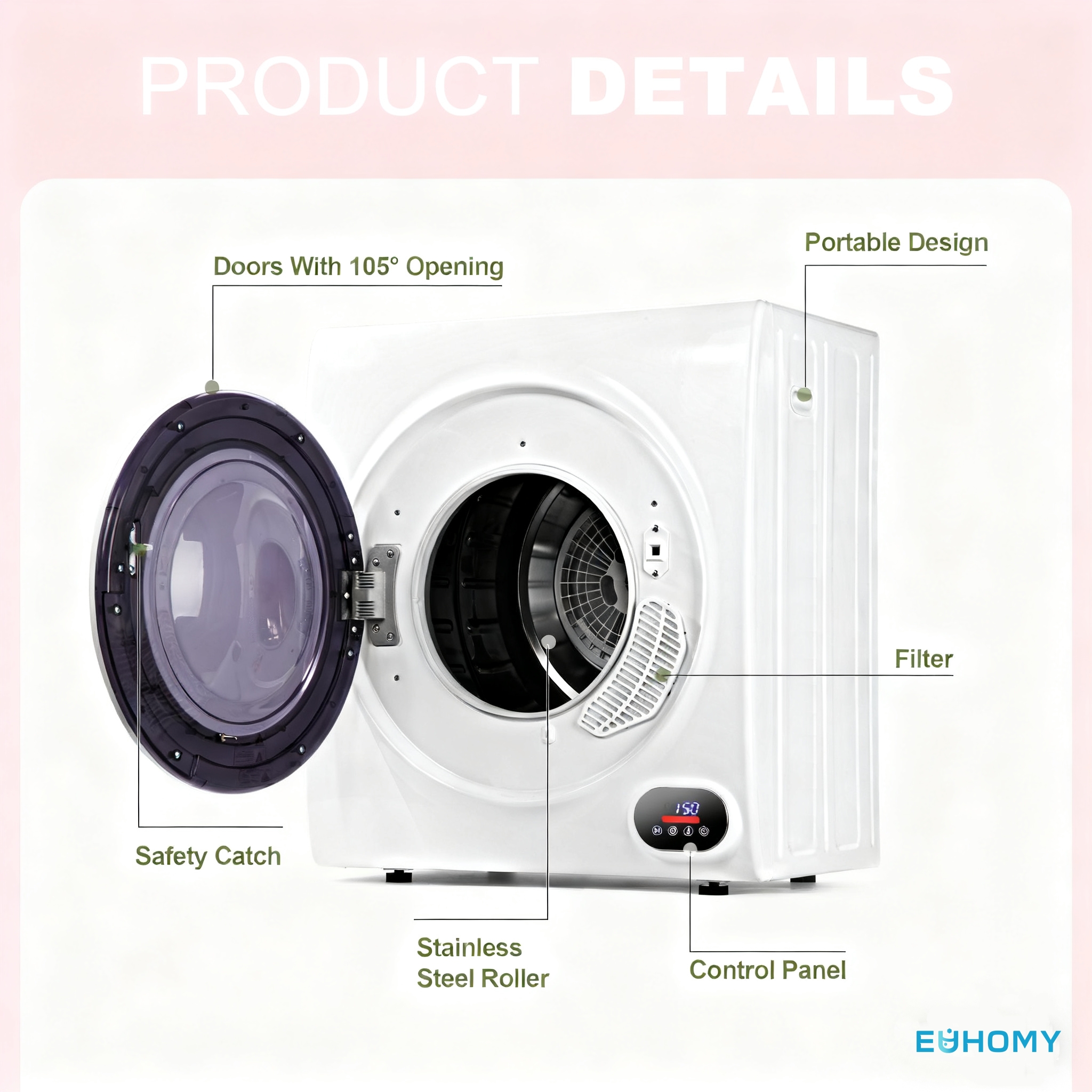 EUHOMY Compact Dryer for Standard Wall Outlet, Small, 4 Modes, 2.6 Cu. Ft Portable Clothes Dryer, White