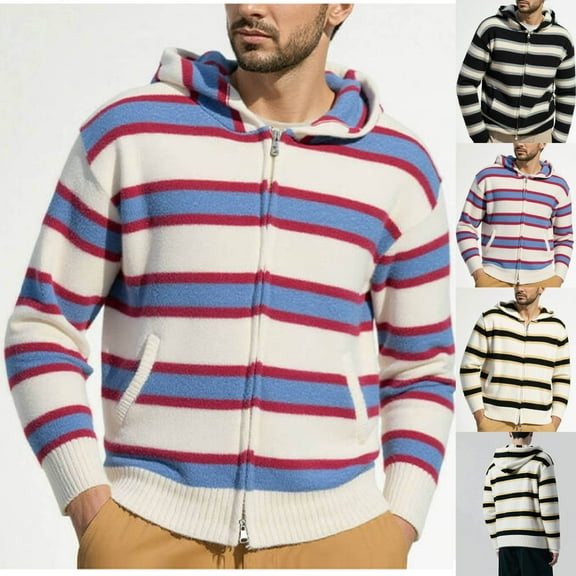 qolati Mens Zip Up Hooded Sweatshirt Casual Stripe Knit Hoodies Jackets Stylish Color Block Long Sleeve Cardigan Coats with Pockets Black XL