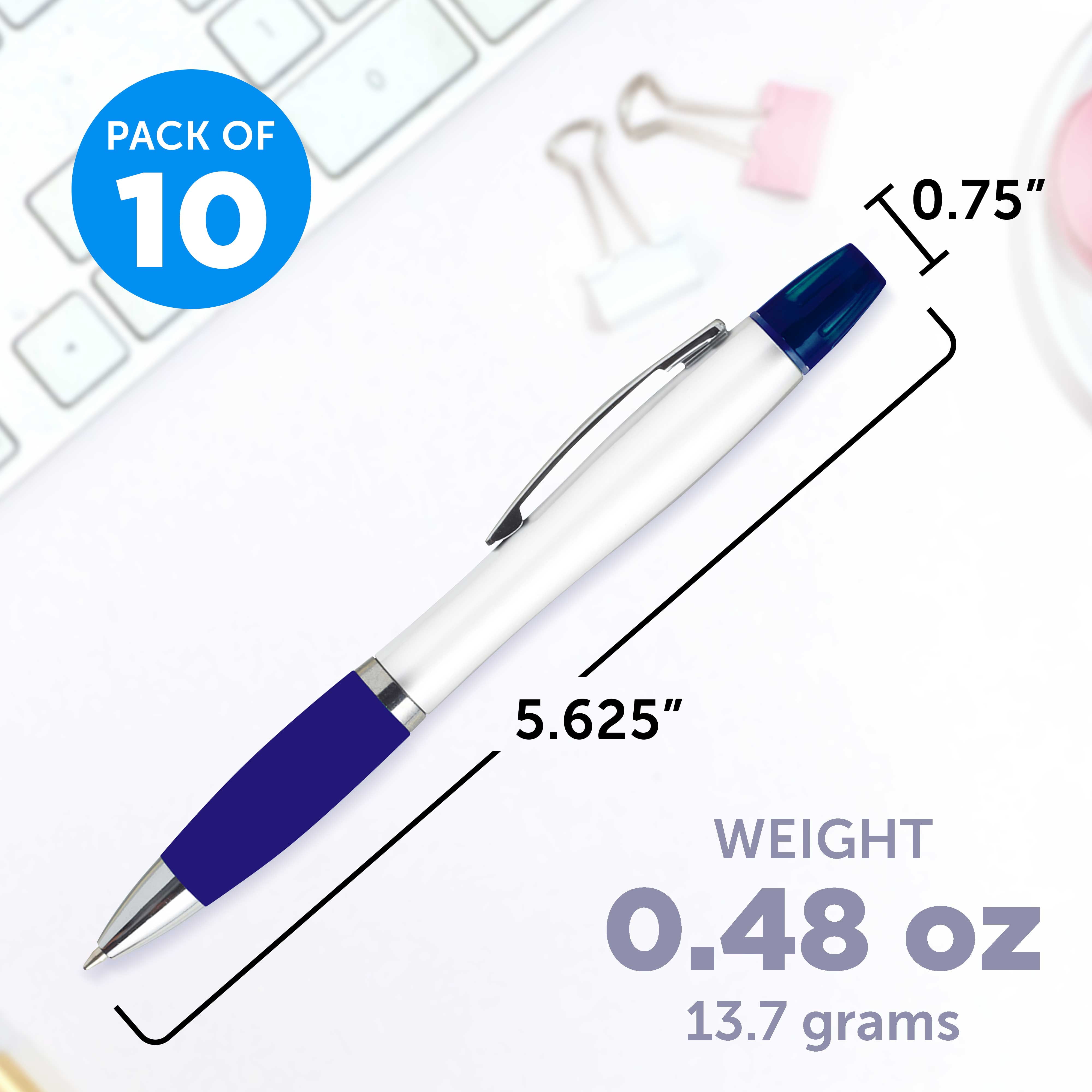 10 Plastic Highlighter Pens Pack - Rubber Grip, Black Ink - Blue