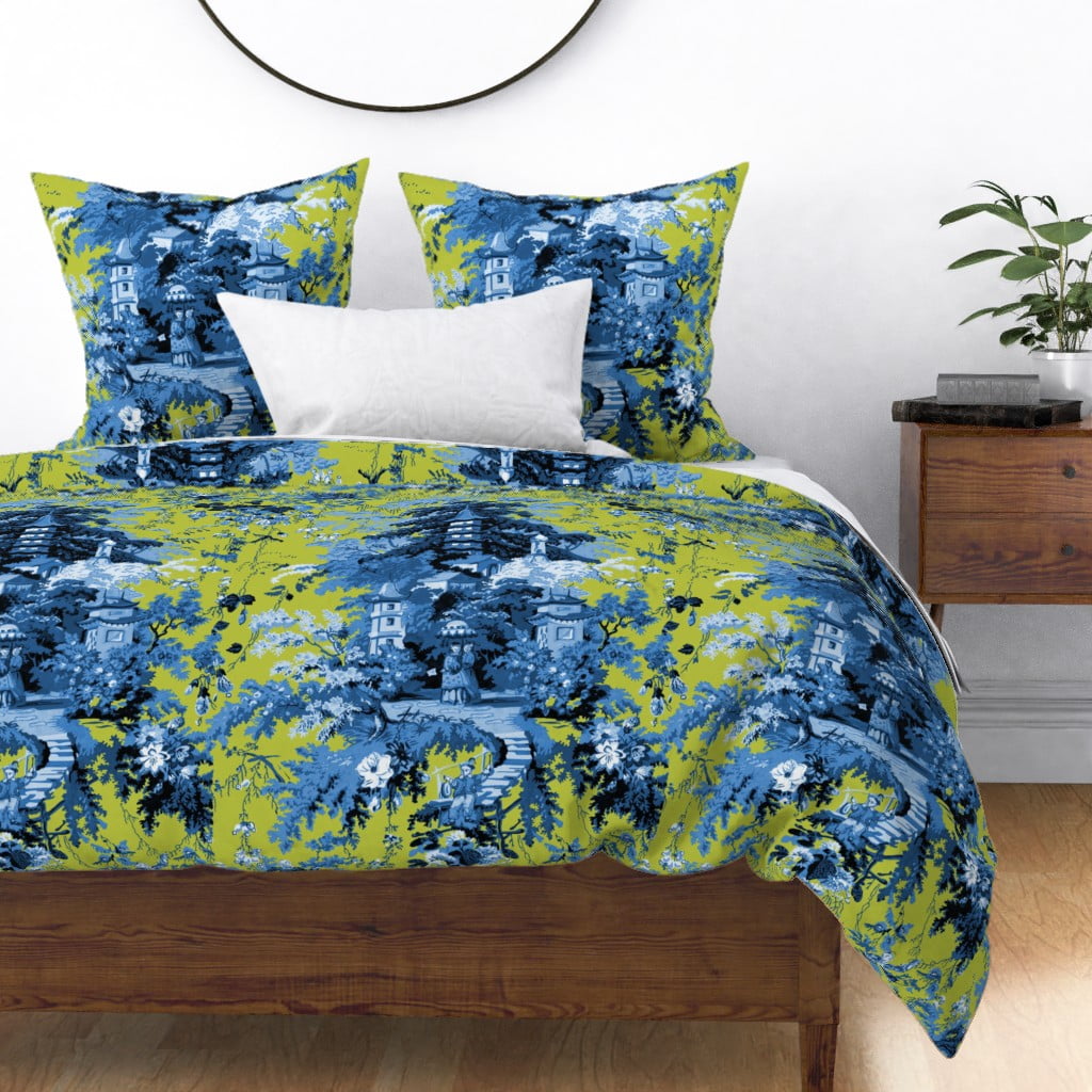 Chinoiserie Toile Asian Chinese Lonely Angel Blue Sateen Duvet