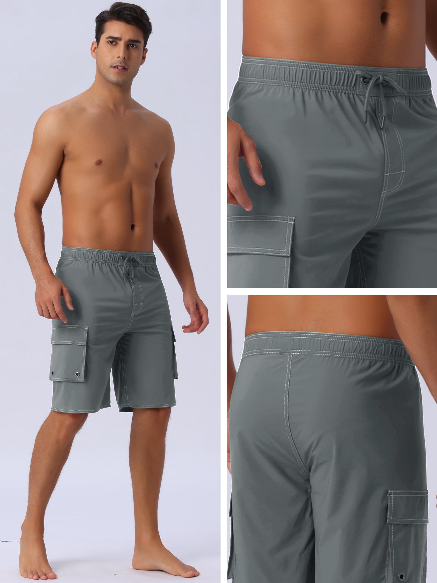 DARING DIVA Men's Solid Color Side Pockets Lining Summer Board Shorts 28 Gray