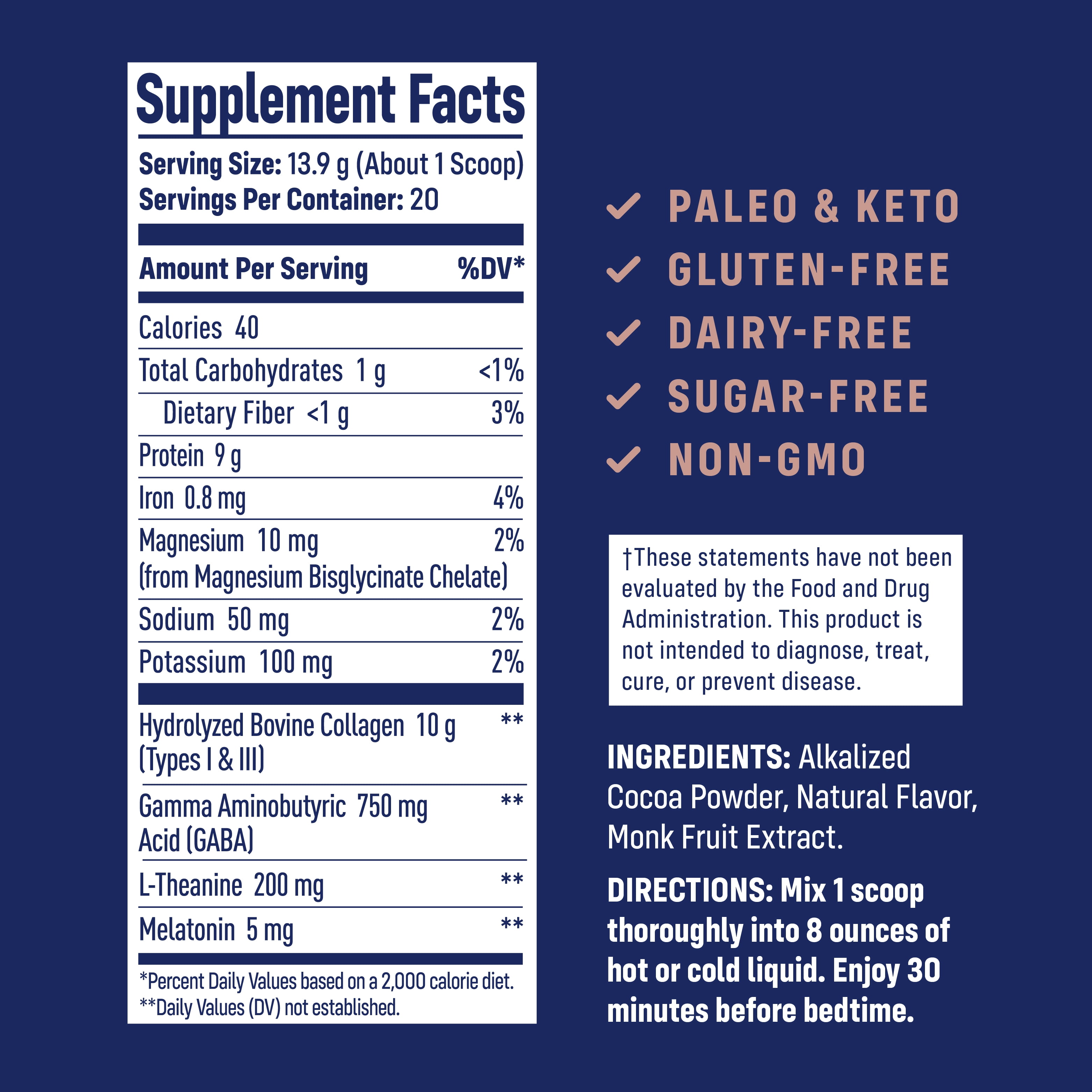 NativePath Collagen PM Chocolate, Sleep Support with Magnesium & Melatonin, 20 Servings