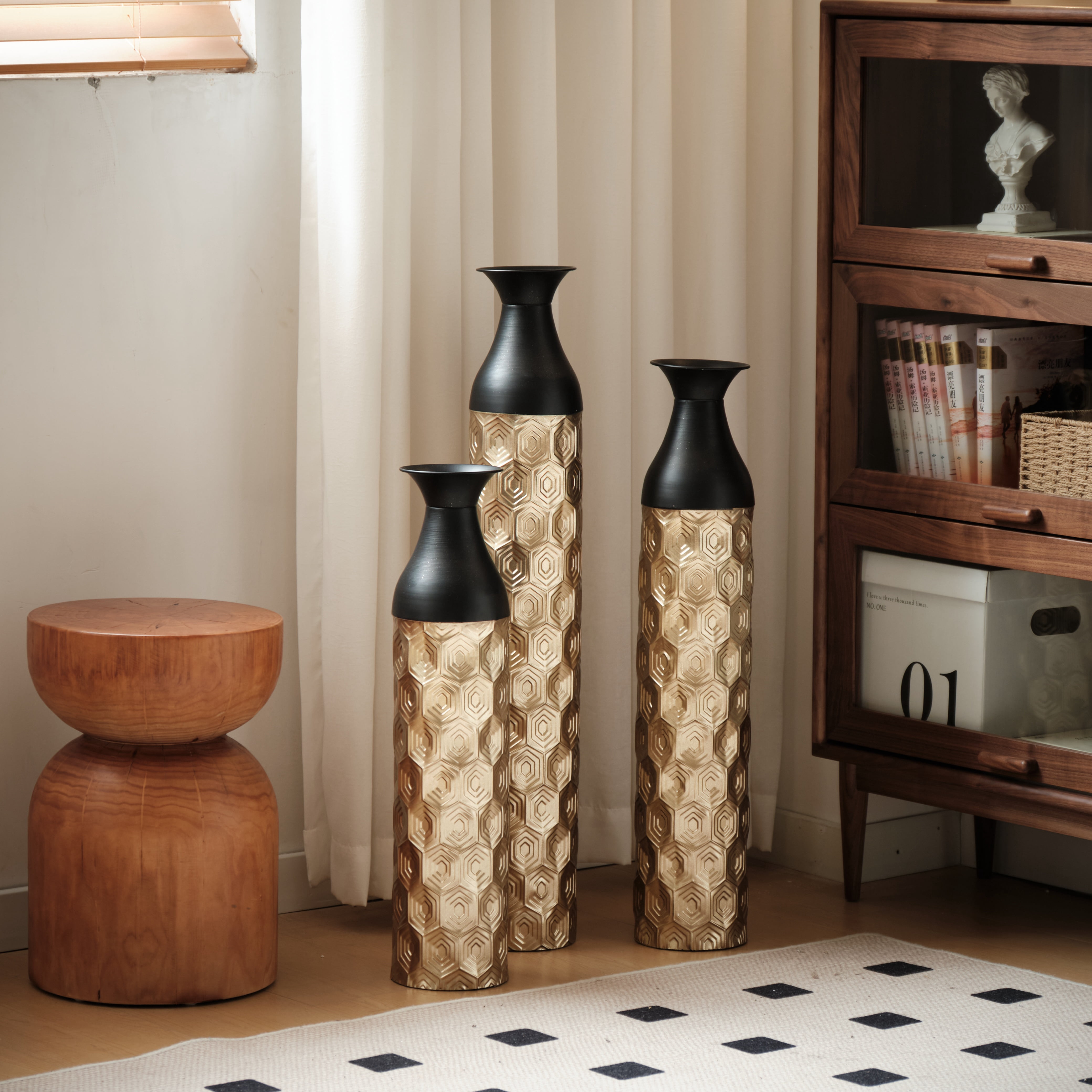 Aukfa Metal Decorative Tall Floor Vase,Set of 3 Large glazed Vases,24.8"/ 29"/33.8" H,Gold