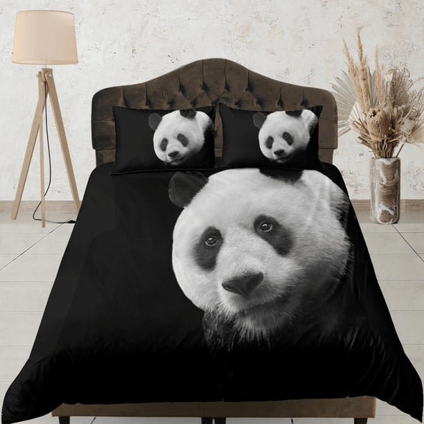 Cara de Panda en Negro Juego de Funda Nórdica para Niños, Juego de Cama Full, King, Queen,