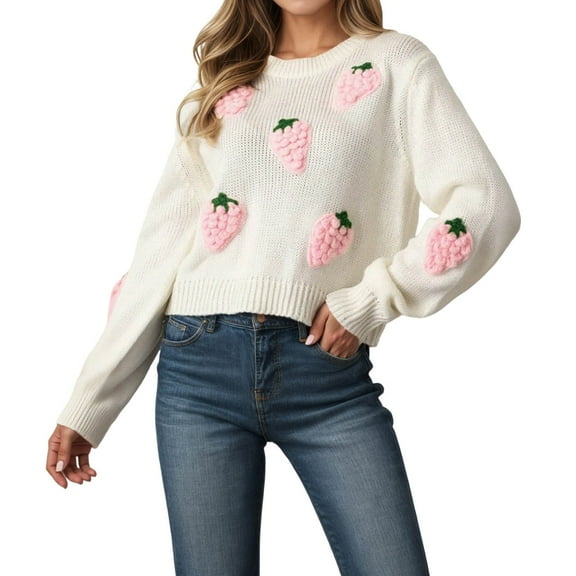 Womens Sweater Strawberry Graphic Long Sleeve Crew Neck Cropped Knitted Warm Sweaters