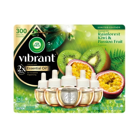 Air Wick Vibrant Plug-In Scented Oil Air Freshener Warmer Refills, Rainforest Kiwi and Passion Fruit, 5 Count