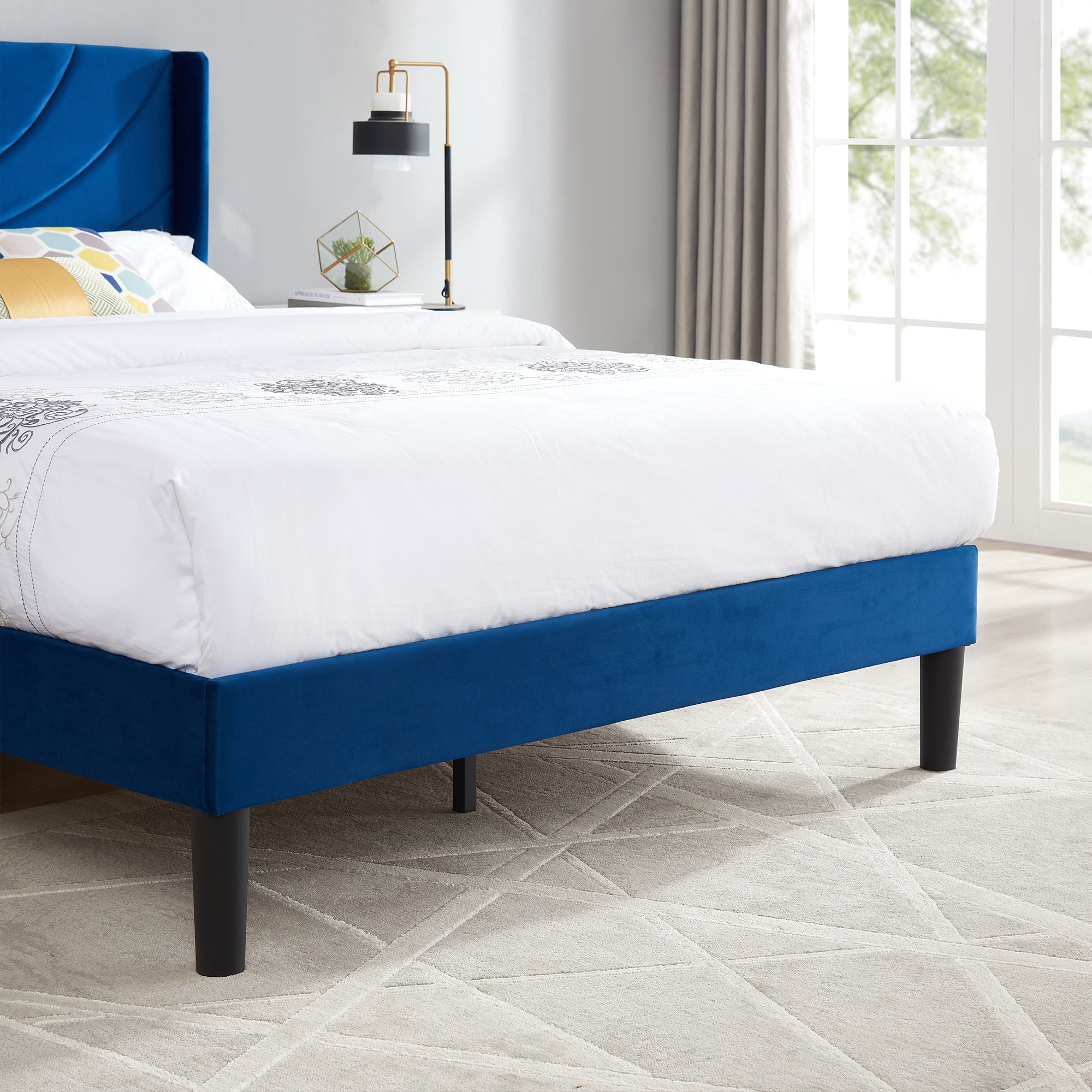 Javlergo Queen Bed Frame, Upholstered Platform Bed Frame with Headboard and Strong Wooden Slats, Non-Slip and Noise-Free,No Box Spring Needed, Easy Assembly, Queen Size Bed Frame, Dark Blue