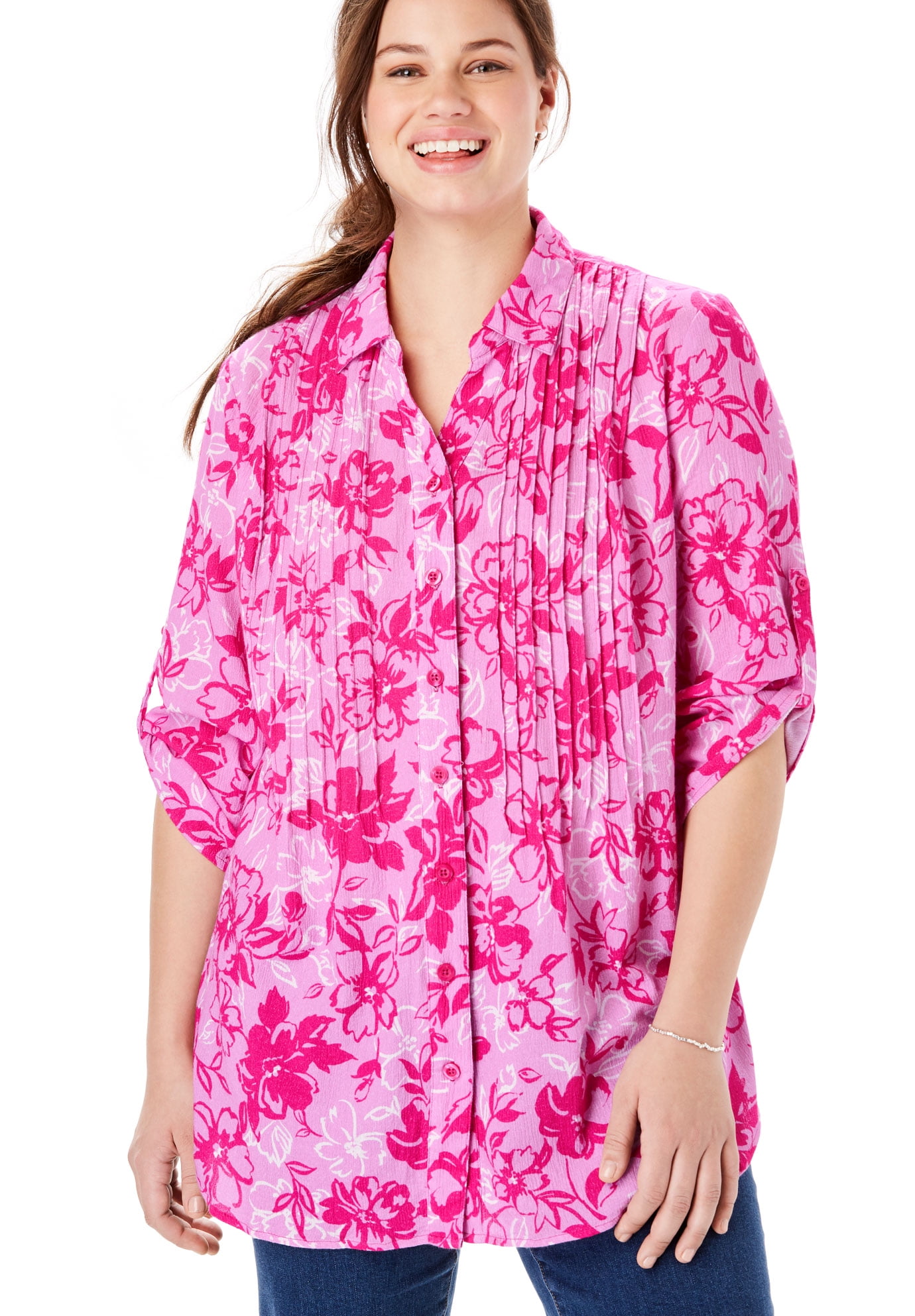 Woman Within - Woman Within Plus Size Pintucked Button Down Gauze Shirt ...