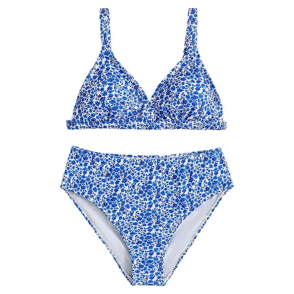 Splozh Girl's Floral Print Bikini Set V Neck Spaghetti Strap Bathing Suit Two Piece Swimsuit Blue for Size 9-10 Years