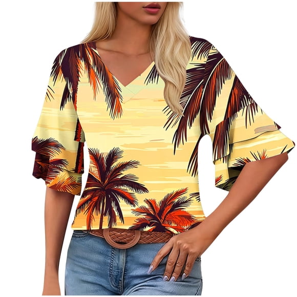 Women's Loose Fit T-Shirt, Casual V Neck Short Sleeve Tee with Layered Dolman Sleeves, Flowy Relaxed Top for Home Leisure, Summer Tunic Blouse