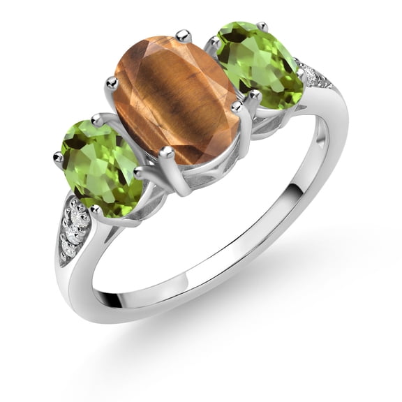 Gem Stone King 10K White Gold Brown Tiger Eye Green Peridot and White Lab Grown Diamond 3 Stone Engagement Ring for Women (2.29 Cttw, Gemstone Birthstone, Size 8)