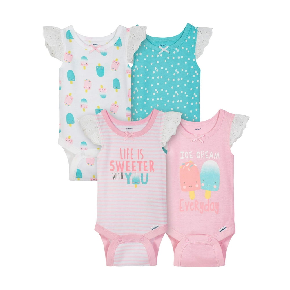 Gerber Sleeveless Tank Top Onesies Bodysuits, 4pk (Baby Girls