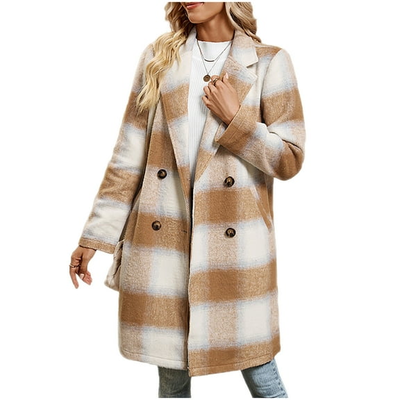 Womens Wool Blend Long Jacket with Pockets Classic Plaid Pattern Notch Laple Collar Winter Trench Coat Mid-length (XL, Khaki)