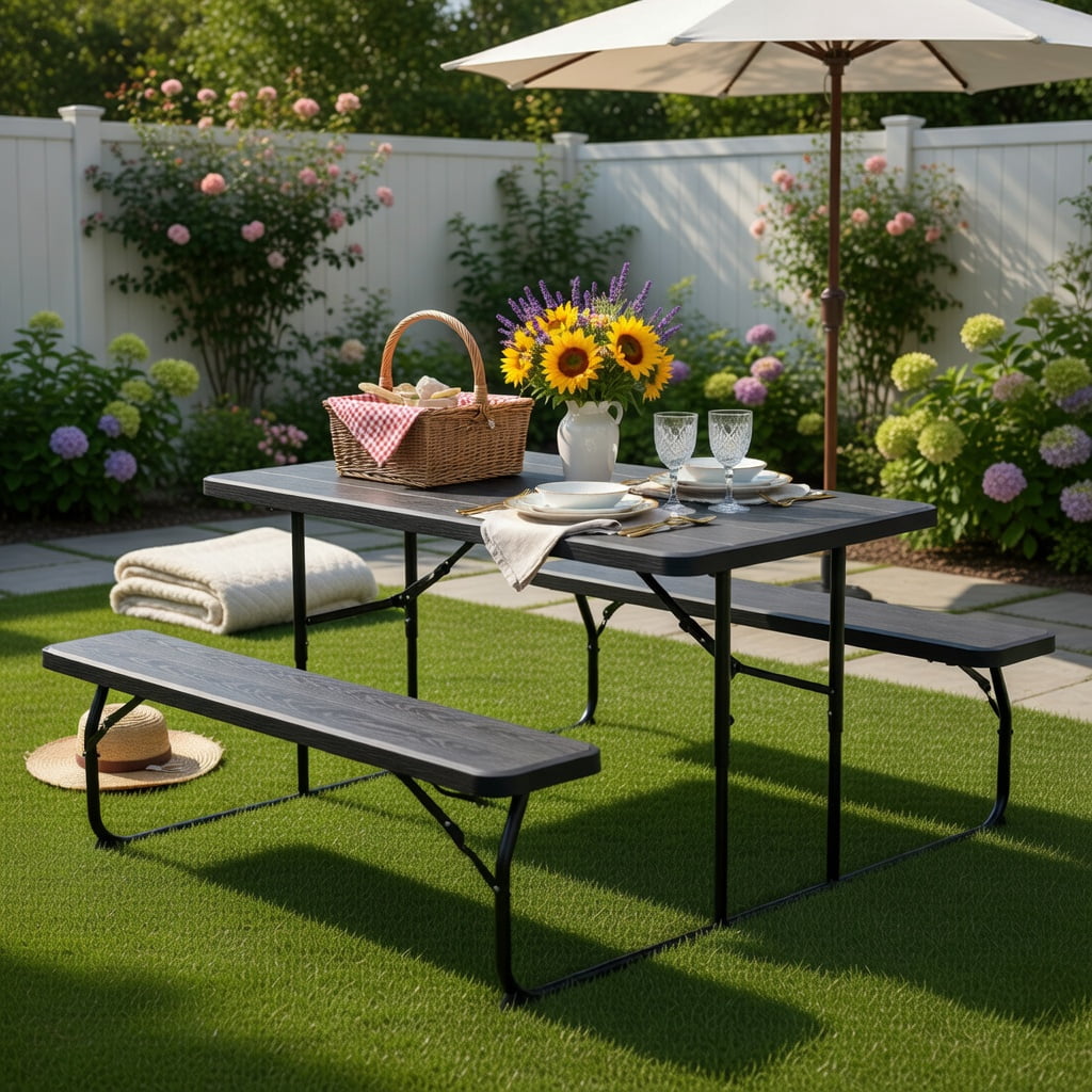 Hommoo Folding Outdoor Picnic Table & Bench Set, Steel Frame with Wood-Look HDPE Top, Heavy-Duty Folding Patio Table for Backyard, Camping, and Tailgating, Black