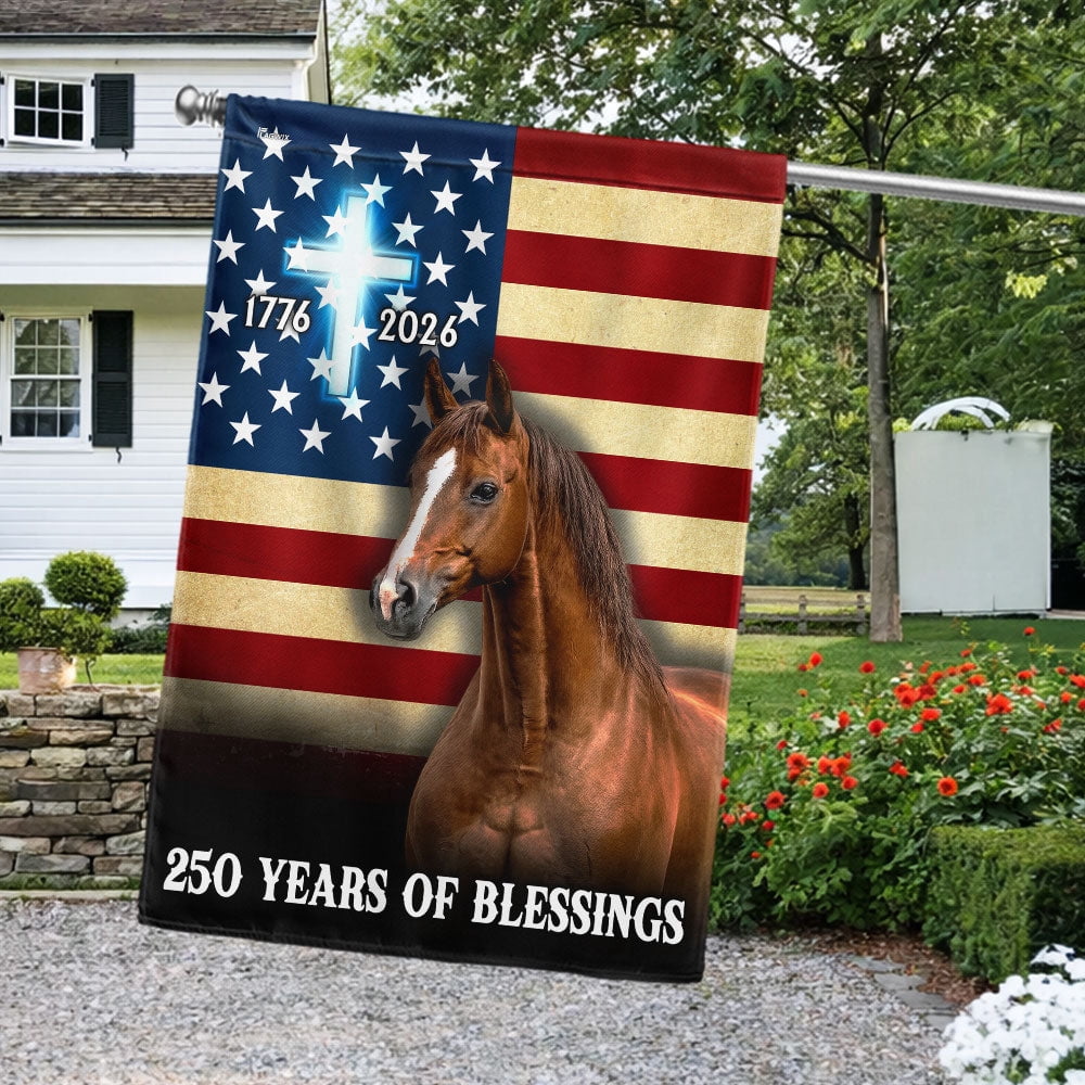 Horse American Flag, 250 Years of Blessings Christian Cross US Flag