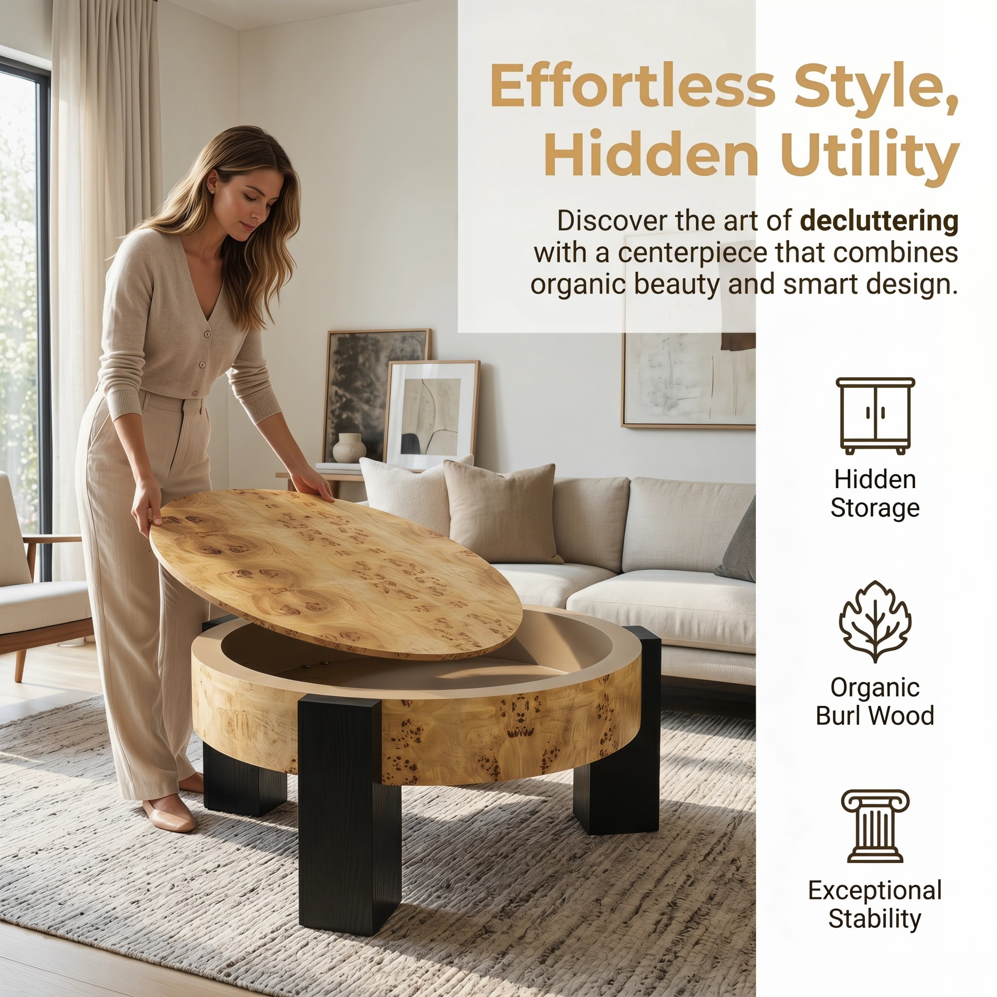 1PCS Round Coffee Table with Hidden Storage Compartment, Modern Wood Veneer Accent Center End Table with 3 Block Legs