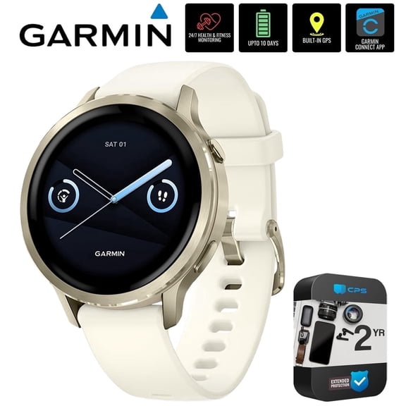 Garmin 010-03013-00 Venu 4, 41mm Health & Fitness GPS Smartwatch, Lunar Gold with Bone Silicone Band Bundle with 2 YR CPS Extended Warranty