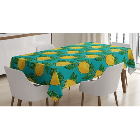 

Vegan Tablecloth Hand Drawn Abstract Pattern with Lemons on Blue Background Healthy Citrus Rectangular Table Cover for Dining Room Kitchen 60 X 84 Inches Teal Green Yellow by Ambesonne