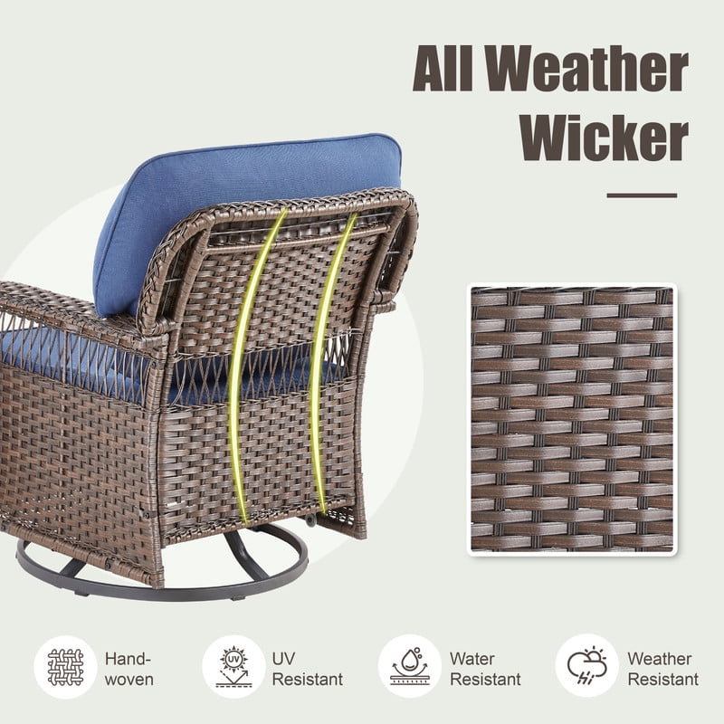 6 Piece Outdoor Wicker Furniture Sets,Patio All Weather Cushioned Conversation Sets with Swivel Rokcing Chairs, Ottomans and Sie Table for Backyard Porch Garden,Blue