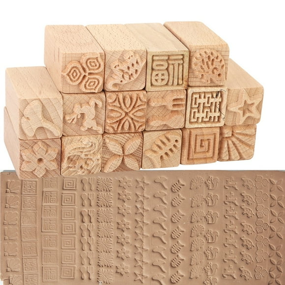 Fosa 16Pcs Hand Carved Stamps Beech DIY Clay Pottery Printing Blocks Tool Craft Accessories, Craft Accessories, Clay Tool
