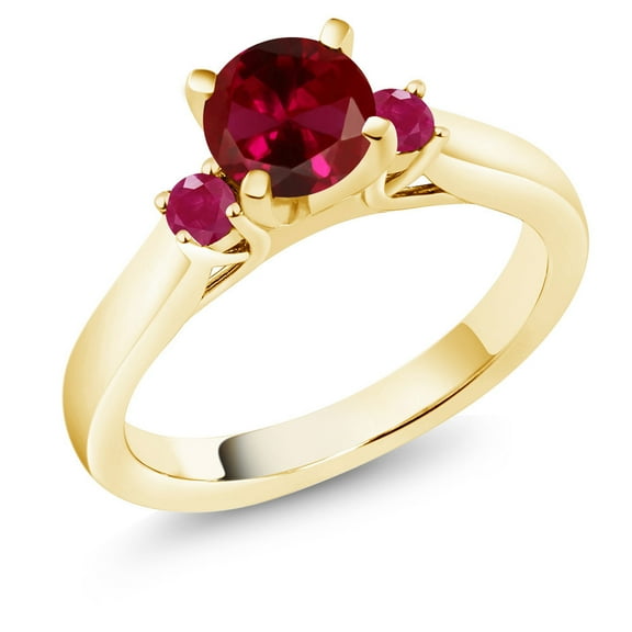 Gem Stone King 18K Yellow Gold Plated Silver Red Created Ruby and Red Ruby 3-Stone Engagement Ring for Women (1.28 Cttw, Round 6MM, Gemstone July Birthstone, Size 7)