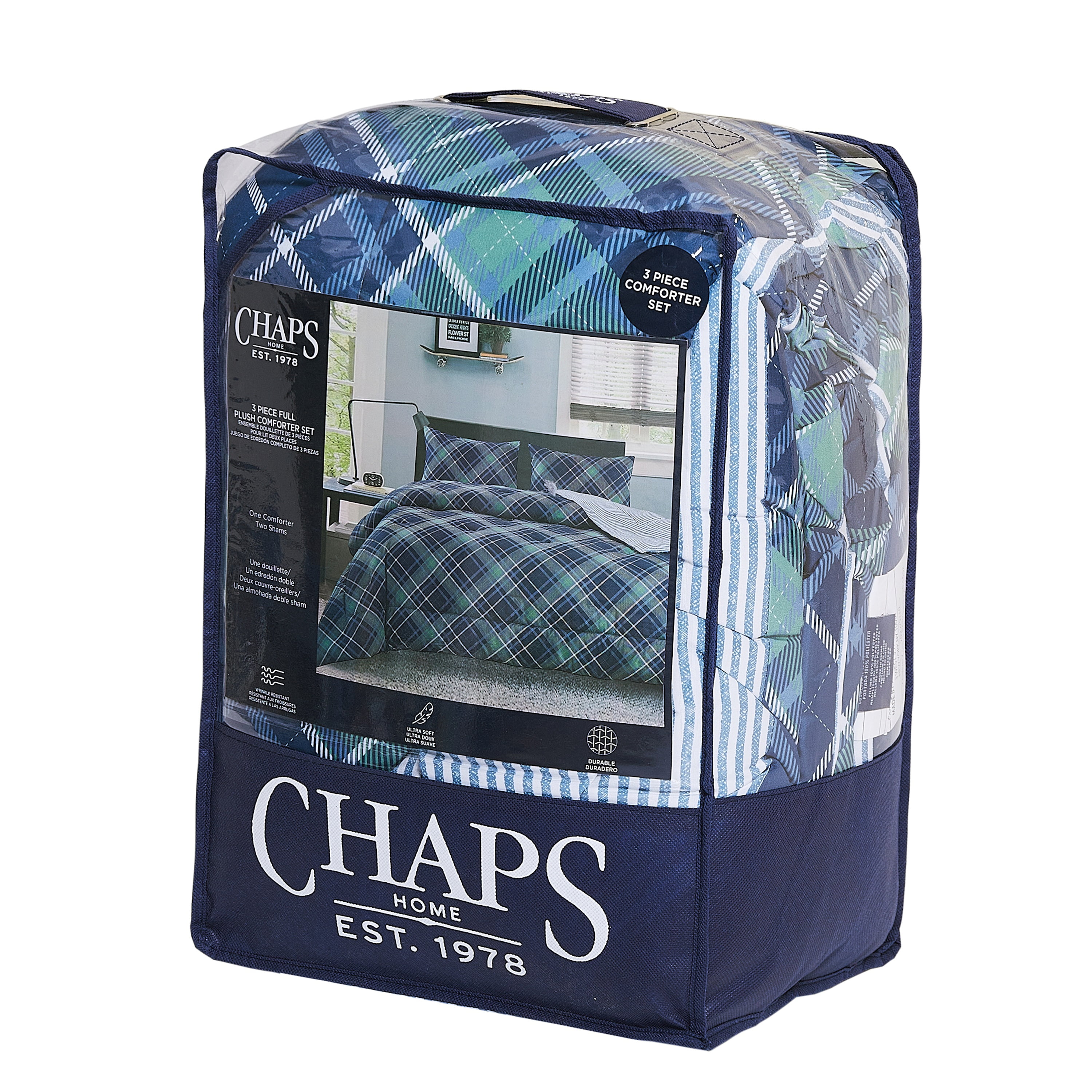 Boys Comforter Set 2-Piece Reversible Microfiber Kids Sham Plaid Bedding - Blue/Green - Full