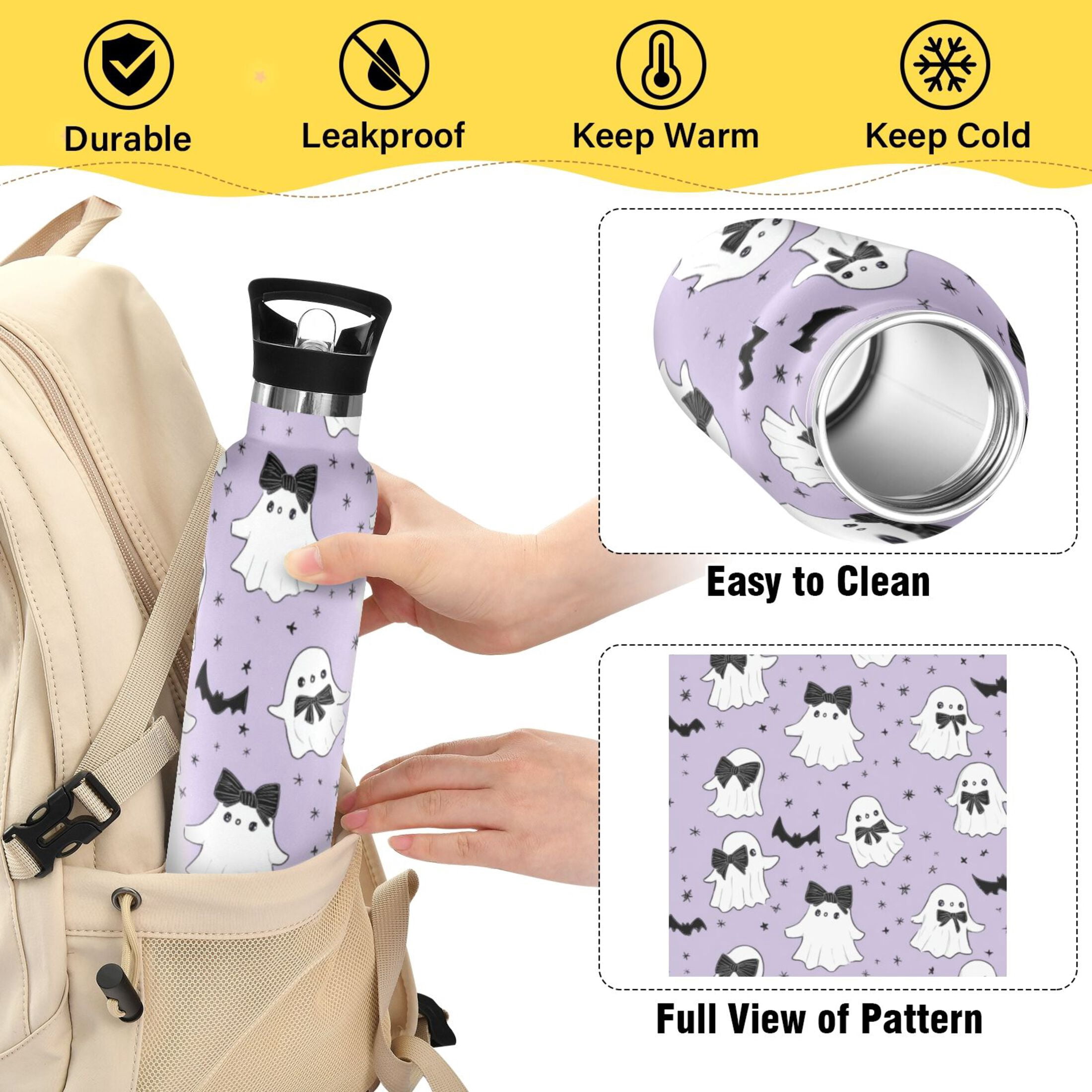 Kids Insulated Stainless Steel Sports Water Bottle 600ml (20oz) Ghost with A Bow Tie