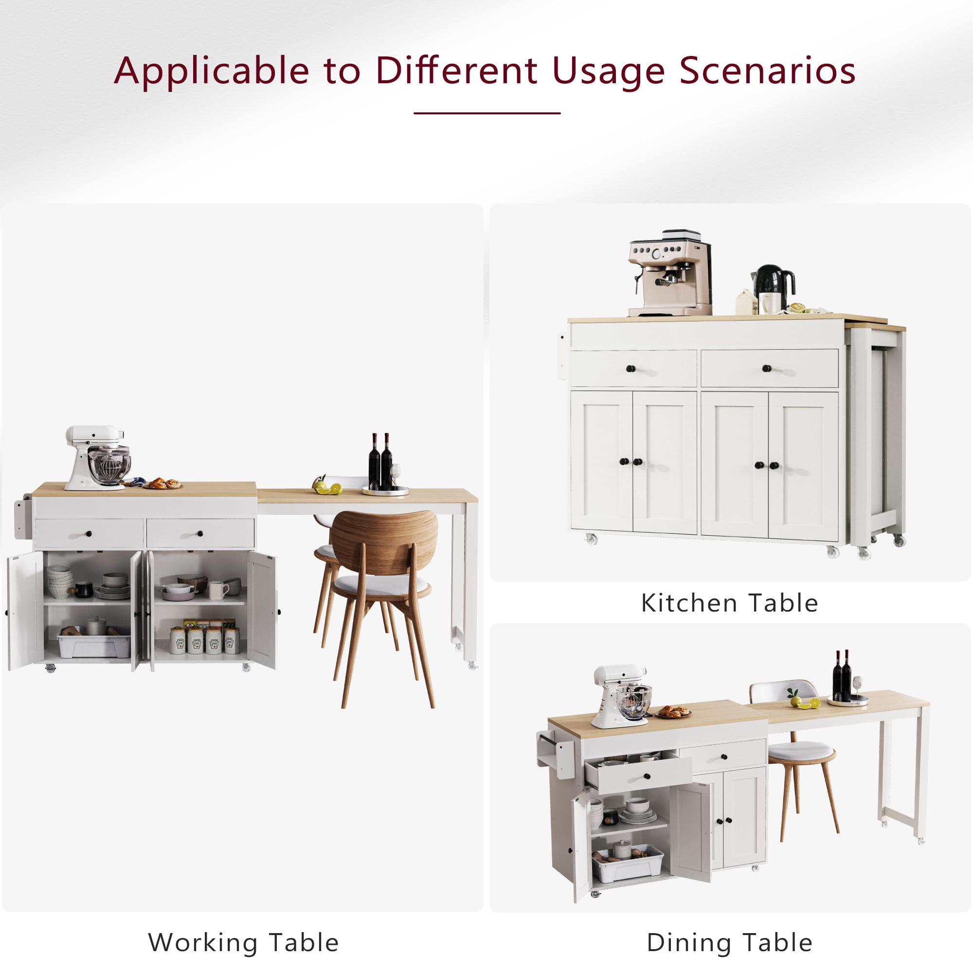Yoneston 74.5" Rolling Kitchen Island with Extendable Dining Table, Kitchen Storage Cart with Spice Rack and 2 Drawers 4 Doors for Kitchen, Dining Room, White