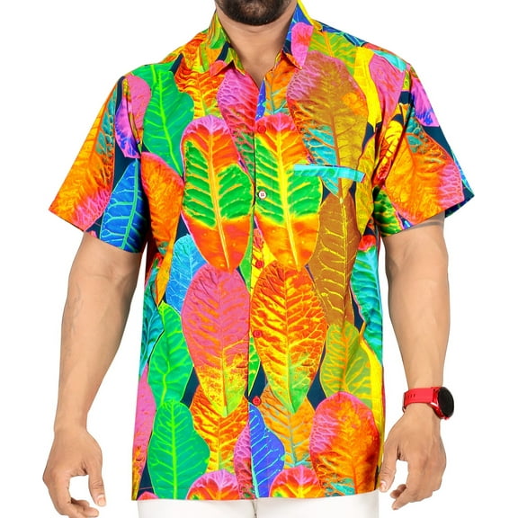 HAPPY BAY Men's Hawaiian Shirts Short Sleeve Button Down Shirt Men's Vacation Shirts Summer Beach Casual Tropical Shirts for Men Funny L Leaves, Multicoloured