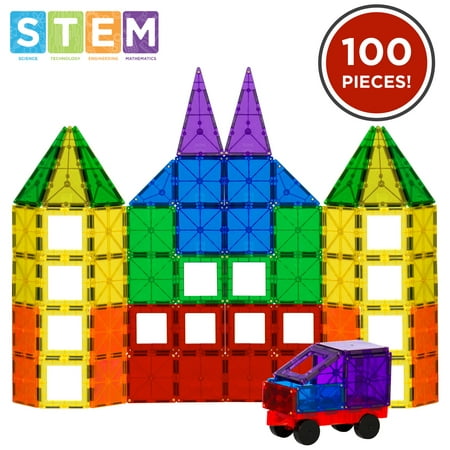 Best Choice Products 100-Piece Transparent Rainbow Magnetic Building Geometric Tiles w/ Wagon and Carrying Case -