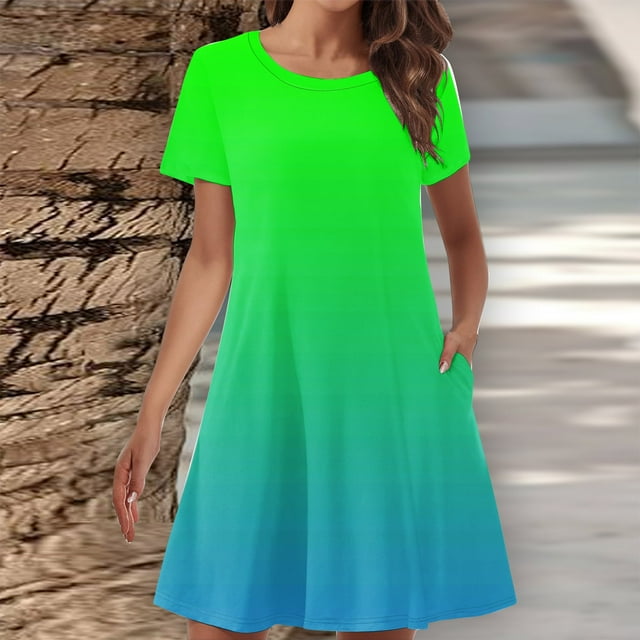 Liquidation d'Automne! Robes de Bal pour Femmes, Robe T-Shirt d'Été pour Femmes à Dégradé de Couleurs avec Double Poche, Manches Courtes, Col Rond, Vert, G