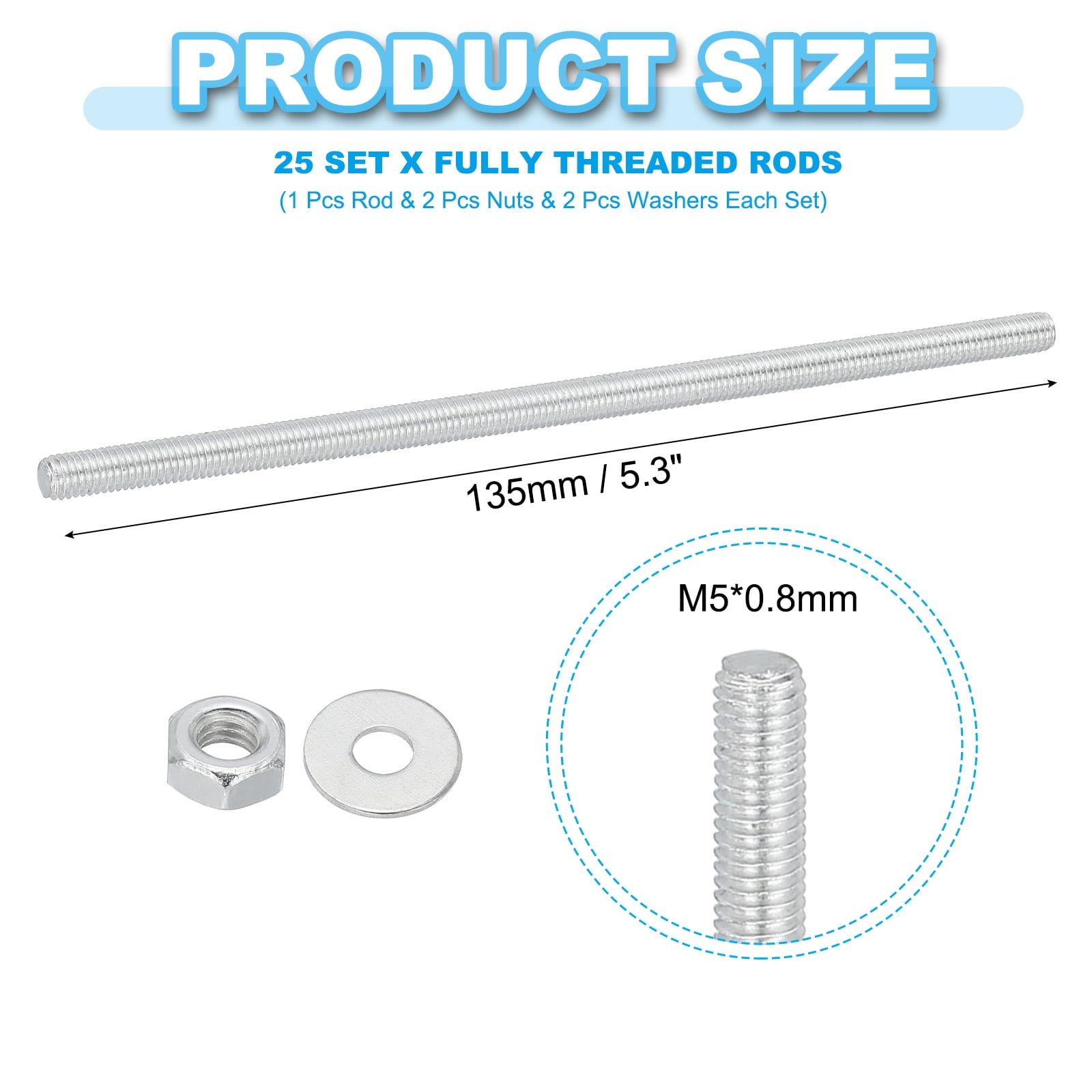 Uxcell M5 Carbon Steel Fully Threaded Rods, 25 Set 135mm/5.3" L Threaded Studs, White Zinc Tone