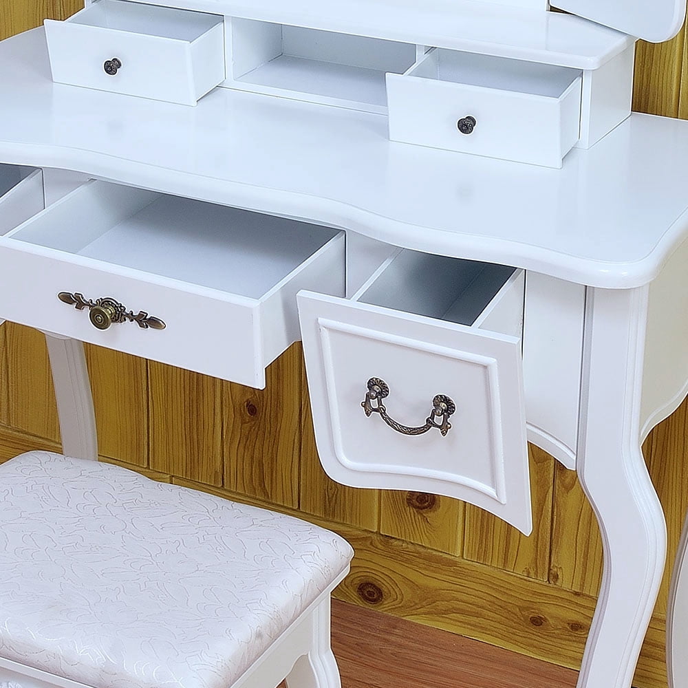 Kepooman Vanity Table Set, Tri-fold Mirror Dresser Table with Dressing Stool, White Kepooman Vanity Table Set, Tri-fold Mirror Dresser Table with Dressing Stool, White