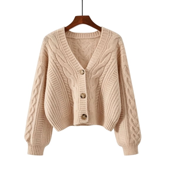 Sewkxo Girl's Cable Knit Cropped Cardigan Sweater V Neck Long Sleeve Button Down Sweater Cardigan,Camel XL