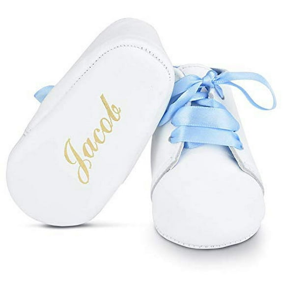 BABYSHOE Personalized Baby Boy Christening Shoes – Baptism Leather Lace Up Shoes with Hand Embossed Name & Date – Special Occasion Newborn Church Shoes with Blue Ribbon - Great Idea