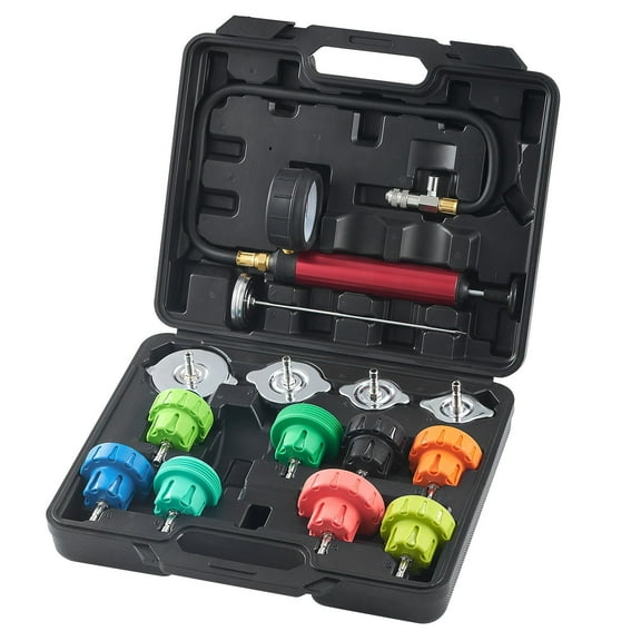 VEVOR 14 pcs Universal Radiator Pressure Tester Kit, Coolant Pressure Tester Kit with Manual Pump and Color-coded Steel Test Cap Adapters, with Toolbox, For Cars Motorcycles Trucks Cooling System