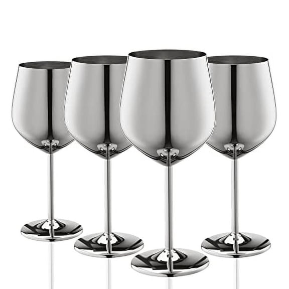 WOTOR Stainless Steel Wine Glasses Set of 4, 18oz Unbreakable & Portable Stemmed Metal (Silver)