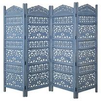 The Urban Port Jumbo 4 Panel Folding Room Divider Screen, Antique Blue Mango Wood, Elephant Motif Carved Design