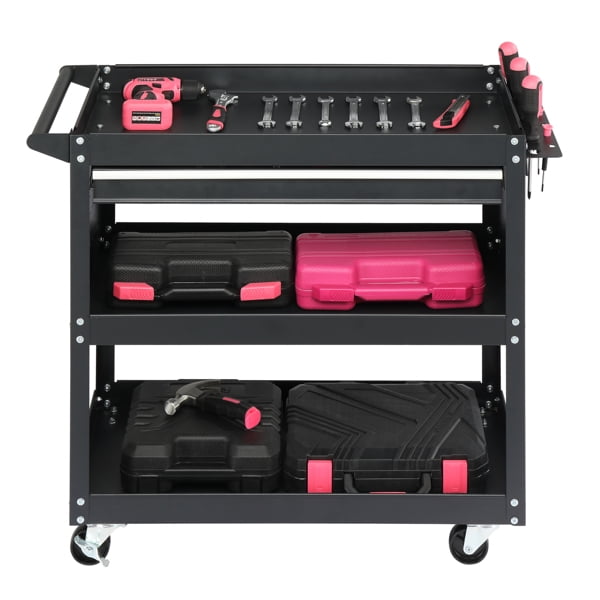 AsterOutdoor 3-Tier Heavy Duty Rolling Tool Cart with Pegboard, Drawer & 4 Hooks, 330lb Capacity Metal Utility Cart for Garage Workshop Storage，Black