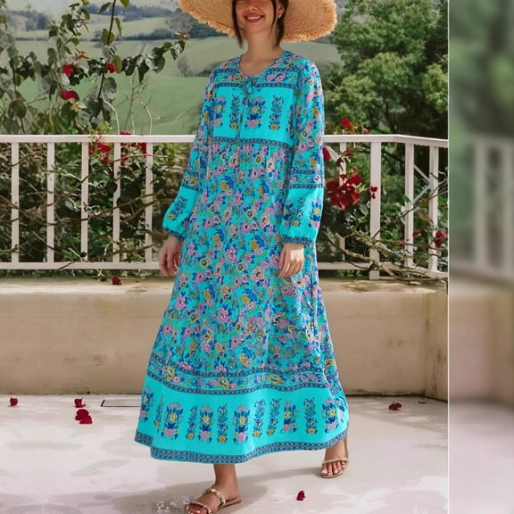 Vintage Chic Women Long Sleeve Neck Tie Peacock Green Floral Beach Bohemian Maxi Dress Ladies Rayon Cotton Holiday Boho Dresses
