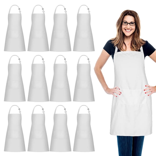 Jubatus Paquete De 12 Delantales 100% Algodón A Granel Con 2 Bolsillos Cocina Chef Cocina Delantal Con Pechera Ajustable Para Mujeres Y Hombres Blanco