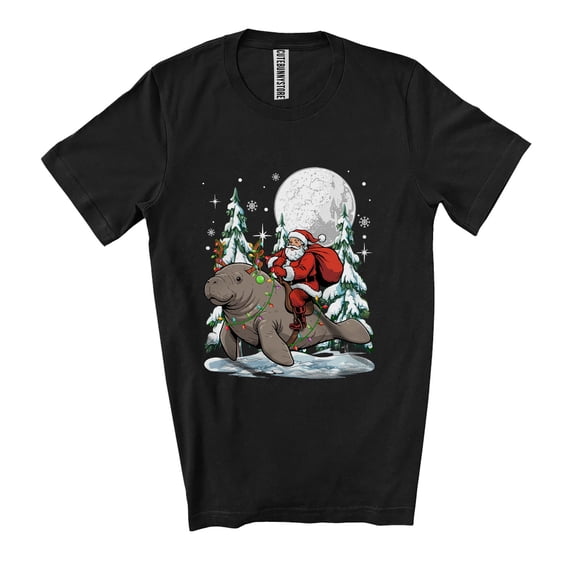 Santa Riding Manatee; Amusing Christmas Lights Tree Moon Santa Sea Animal Lover; Family Group Unisex T-Shirt