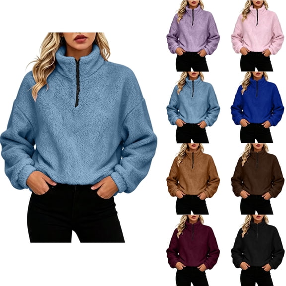 Casual Fleece Jacket Women Zaewscy Ladies' Casual And Fashionable Round Neck Long Sleeved Solid Color Zipper Top Light Blue XL