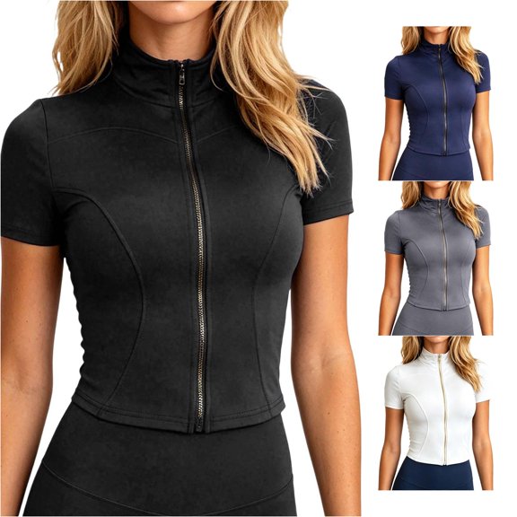 WEIGFI Workout Tee For Women Loose Fit Zip Up Tops Yoga Running Stand Collar Short Sleeve Lightweight Clothes Solid Color Trendy Soft Vacation Daily Wear,Black,L